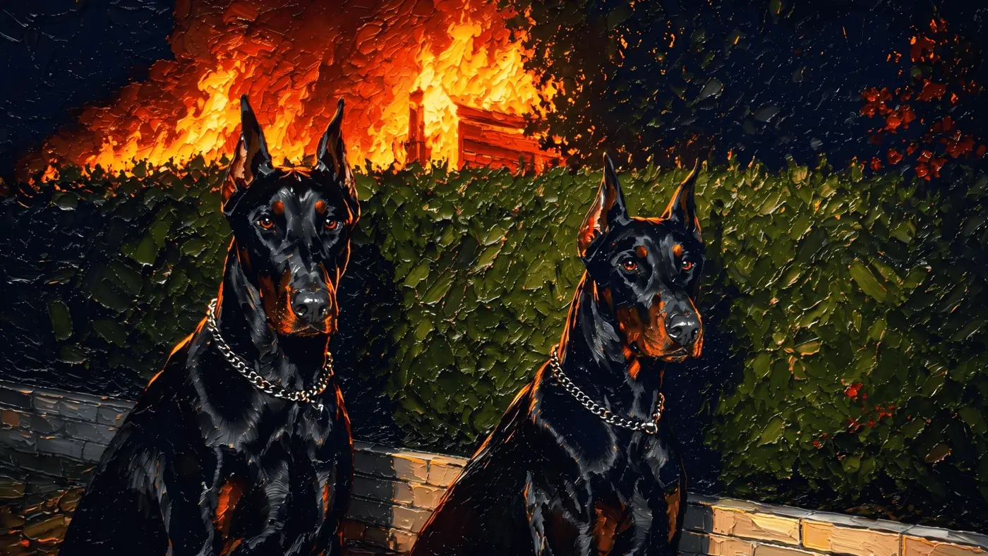 Dobermans com incêndio ao fundo