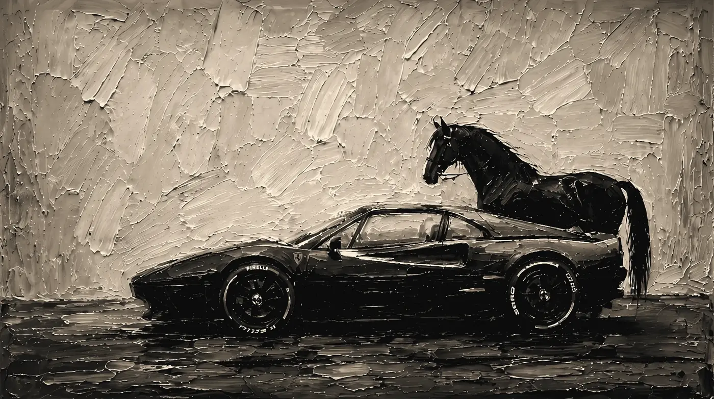 Ferrari preta e cavalo