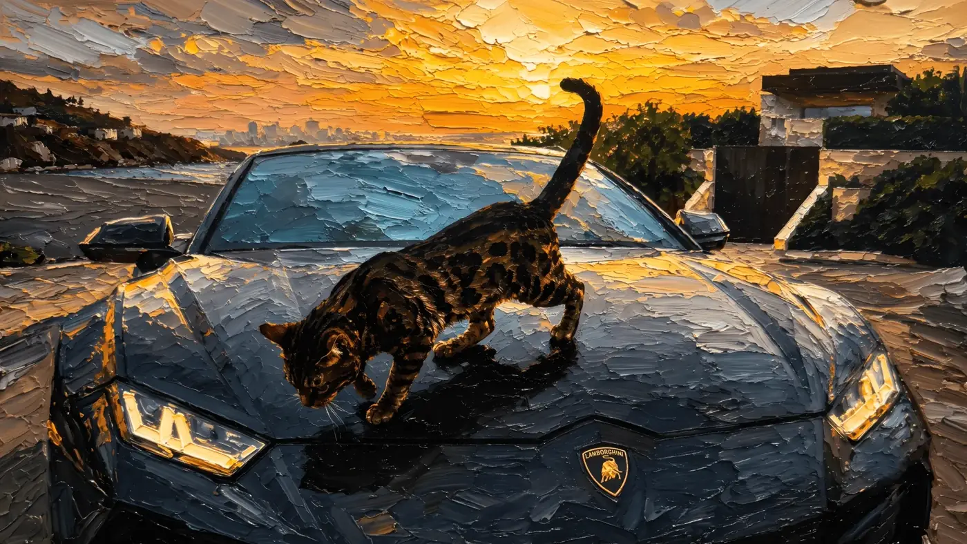 Felino sobre Lamborghini ao pôr do sol