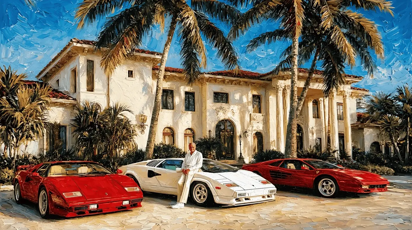 Mansão com supercarros e palmeiras